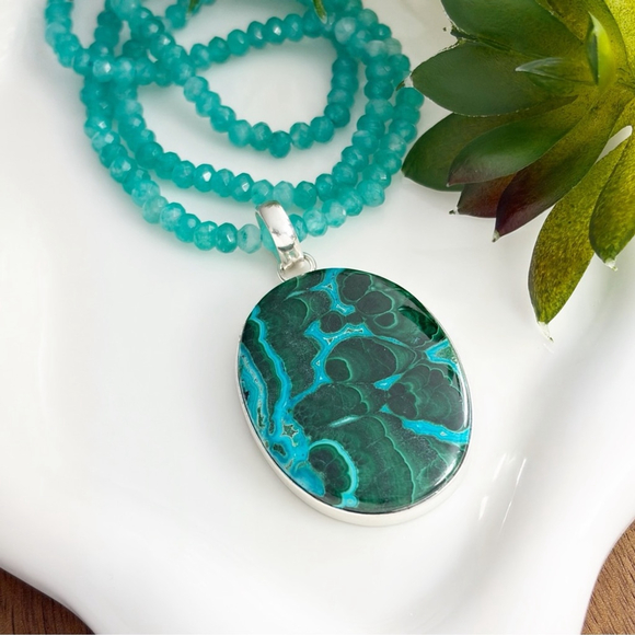 Solid Sterling Silver 925 Large Top Quality Malachite Chrysocolla Pendant - Picture 6 of 10